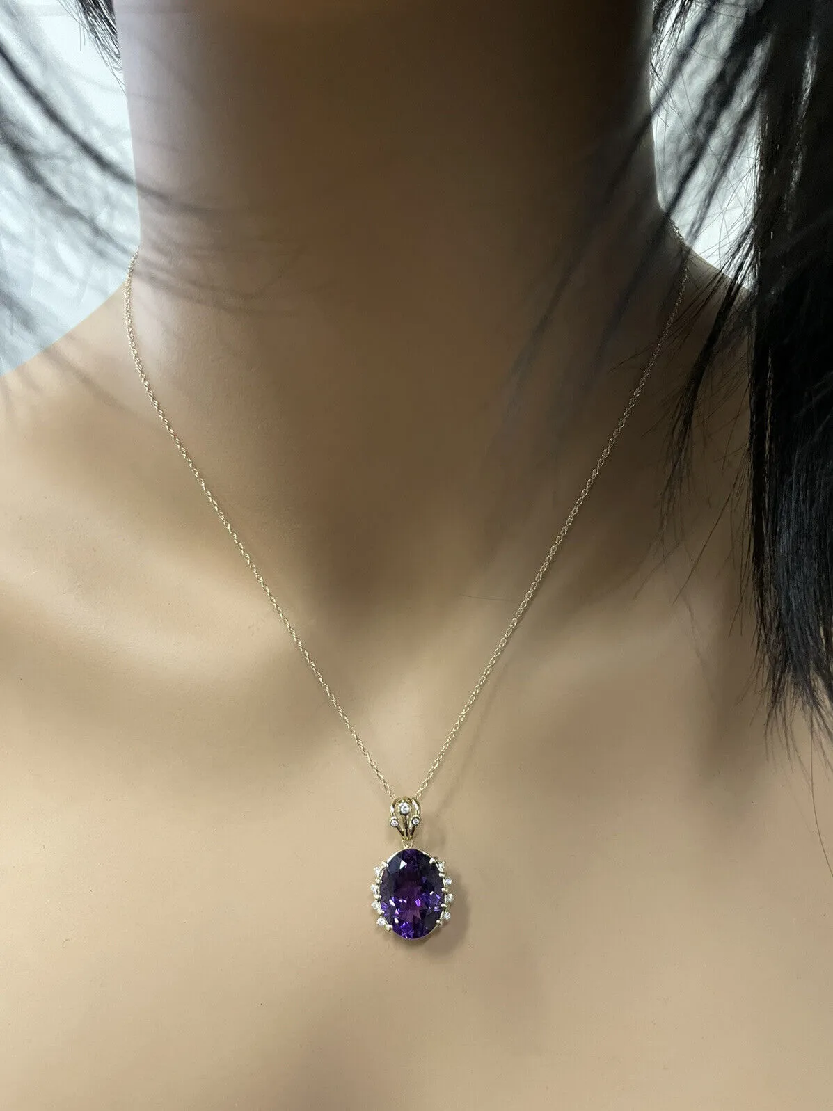 12.20Ct Natural Amethyst and Diamond 14K Solid Yellow Gold Necklace
