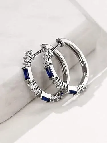 14K White Gold Plated Unique Blue Baguette Cubic Zirconia Men Women Hoop Earring