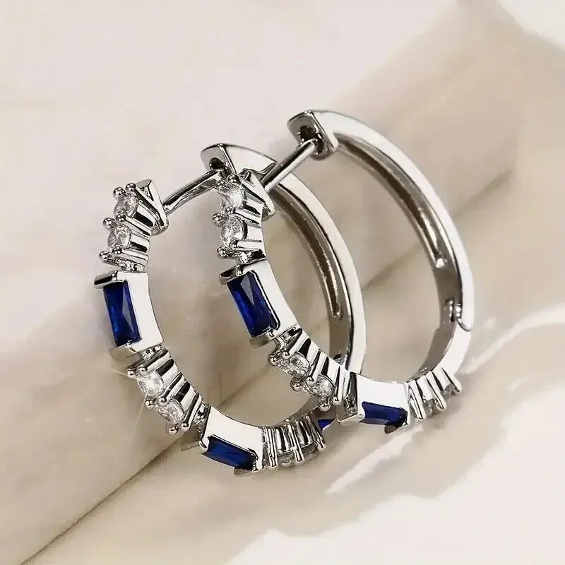 14K White Gold Plated Unique Blue Baguette Cubic Zirconia Men Women Hoop Earring