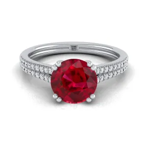14K White Gold Round Brilliant Ruby Double Row Double Prong French Pave Diamond Engagement Ring -1/6ctw