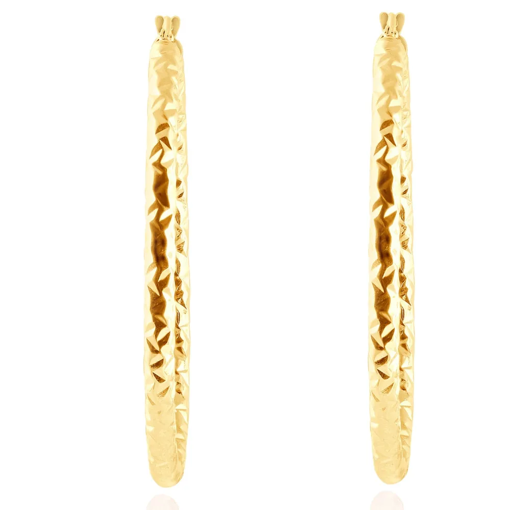 14k Yellow Gold 3mm Designer Hoops Women's Earrings 1 3/4" Tall 1.9grams