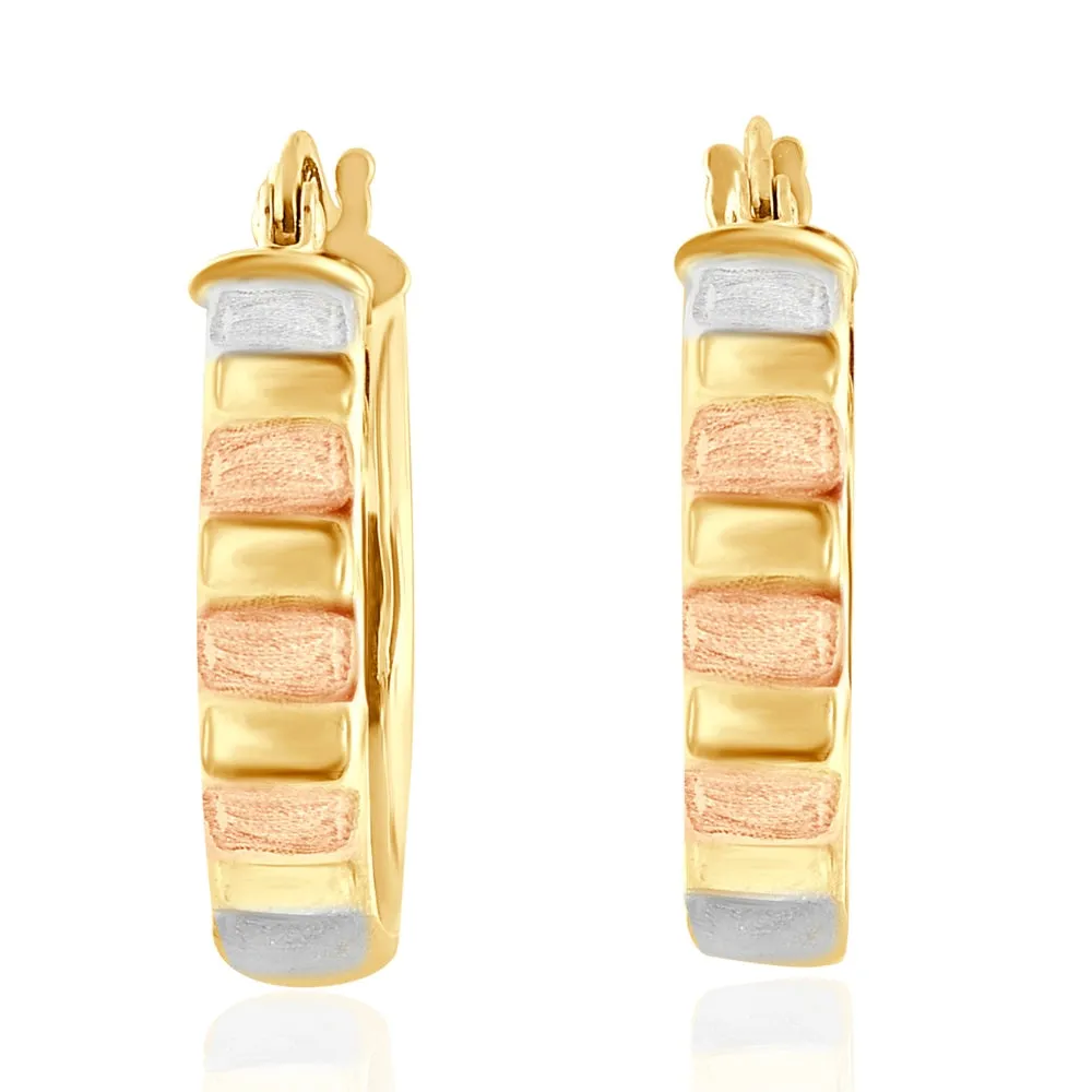 14k Yellow Gold 4mm Small Tri-Color Hoops Women's Earrings 3/4" Tall 1.35grams