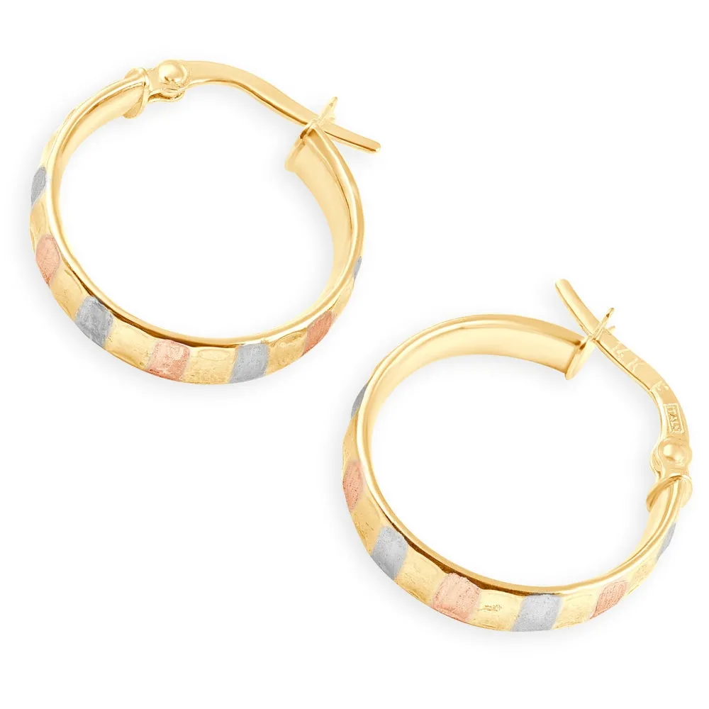 14k Yellow Gold 4mm Small Tri-Color Hoops Women's Earrings 3/4" Tall 1.35grams