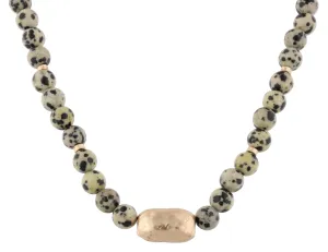 16" Dalmation Natural Stone Beads with Hammered Antique Gold Bar, 3" Ext.