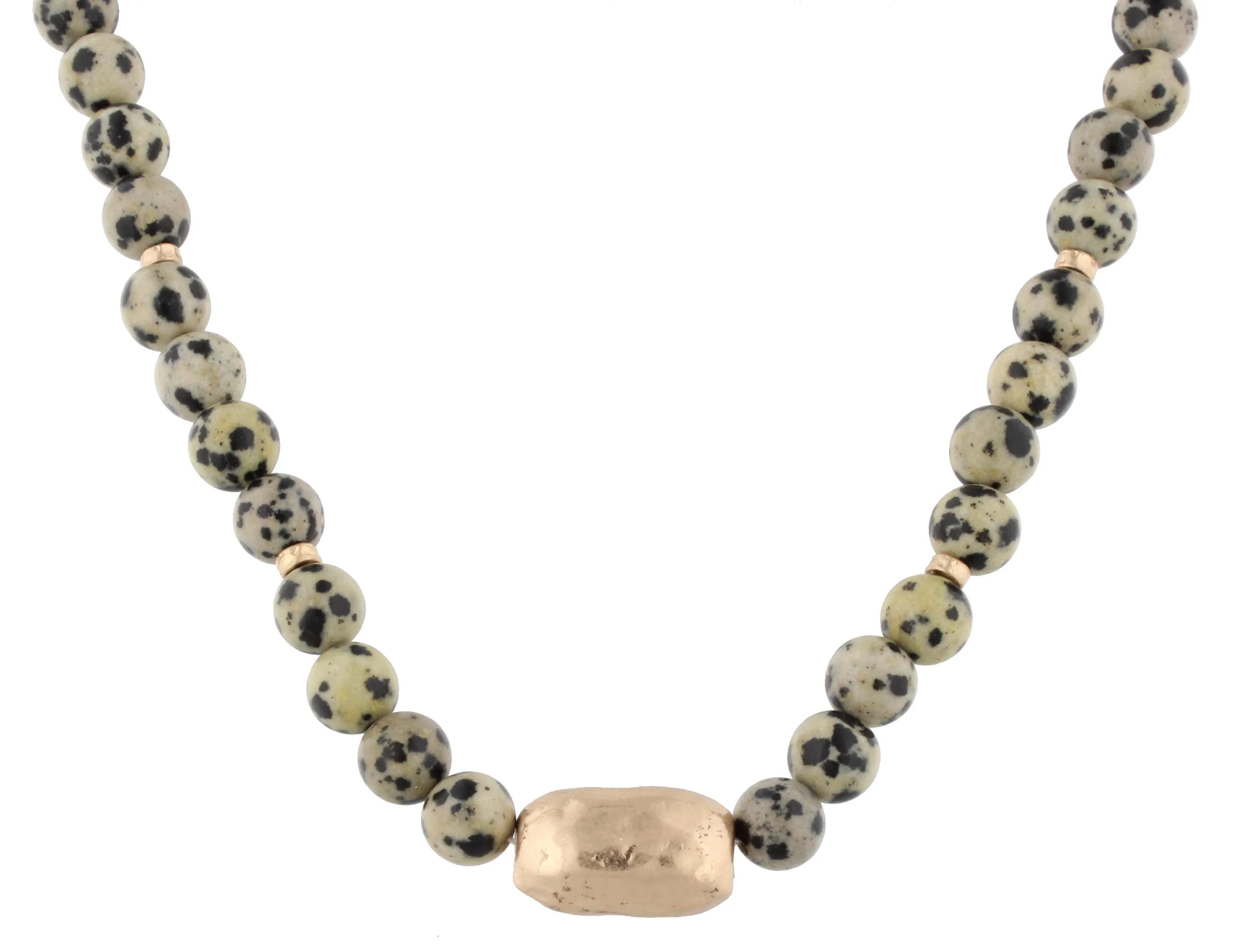 16" Dalmation Natural Stone Beads with Hammered Antique Gold Bar, 3" Ext.