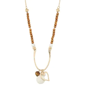 16" Half Wooden Beaded with Wishbone Shape "U" with Heart Charm and Natural Stone, 3" Ext.