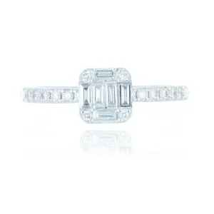 18ct White Gold Baguette Cut Diamond Cluster Ring With Diamond Set Shoulders