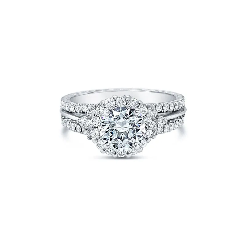 18K White Gold Engagement Setting With Diamond Halo and Band