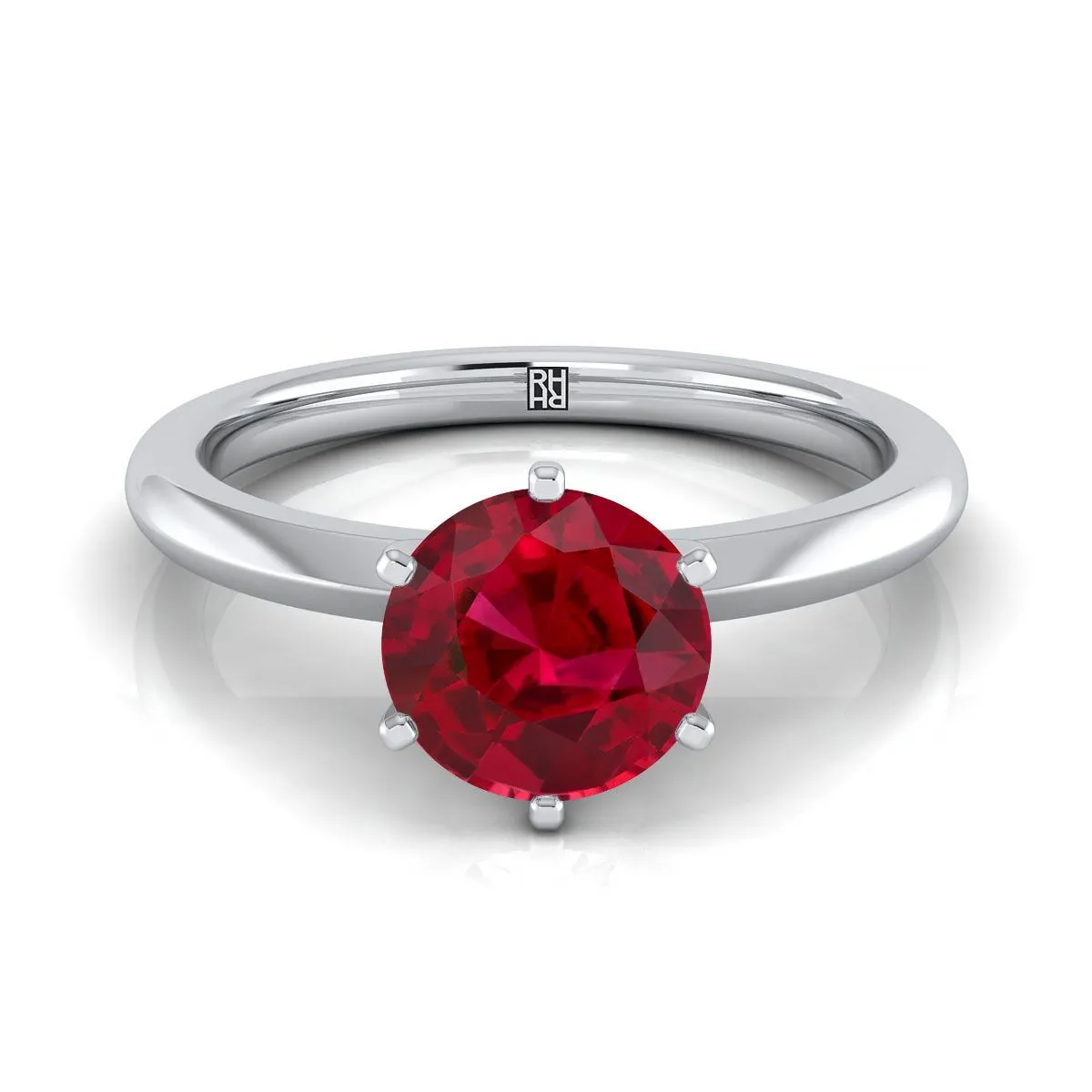18K White Gold Round Brilliant Ruby Pinched Comfort Fit Claw Prong Solitaire Engagement Ring