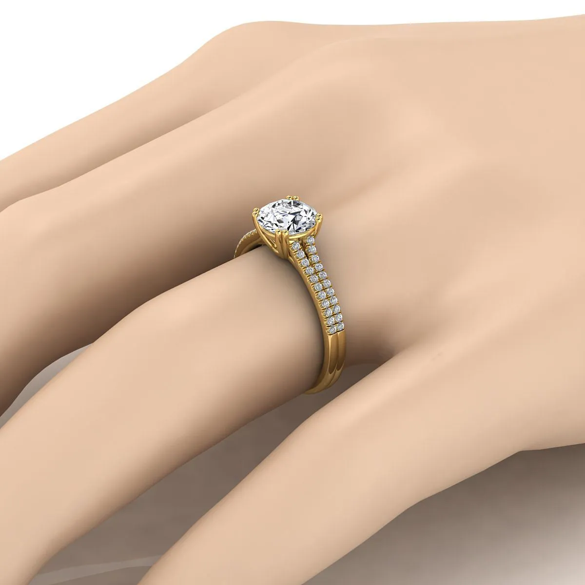 18K Yellow Gold Round Brilliant Citrine Double Row Double Prong French Pave Diamond Engagement Ring -1/6ctw