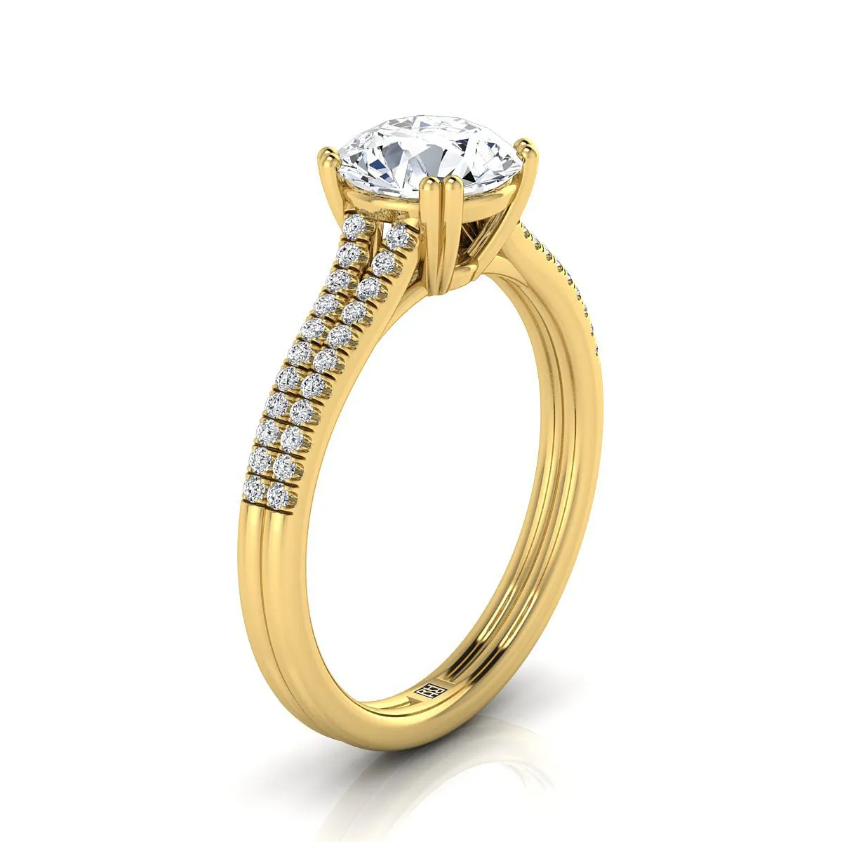 18K Yellow Gold Round Brilliant Citrine Double Row Double Prong French Pave Diamond Engagement Ring -1/6ctw