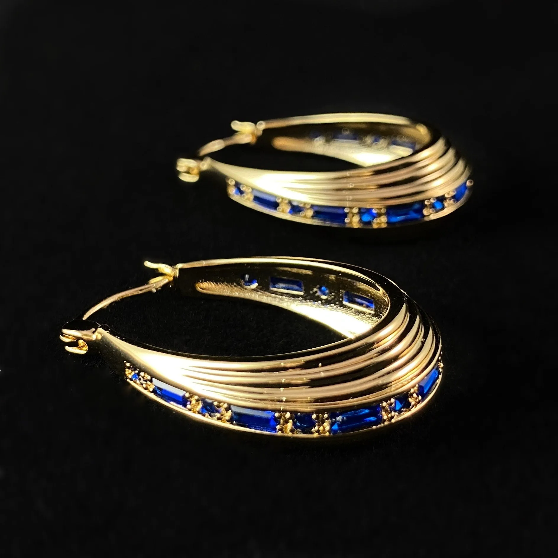 1920s Chunky Gold Statement Hoop Earrings with Sapphire Blue Stones - Inner Light