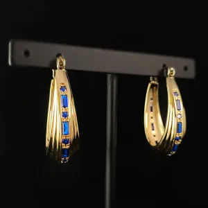 1920s Chunky Gold Statement Hoop Earrings with Sapphire Blue Stones - Inner Light