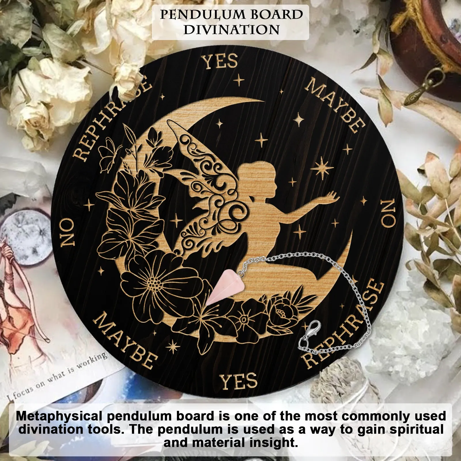 1Pc Cone/Spike/Pendulum Natural Rose Quartz Stone Pendants, 1Pc 304 Stainless Steel Cable Chain Necklaces, 1Pc PVC Custom Pendulum Board, Dowsing Divination Board, Angel & Fairy Pattern, Board: 200x4mm