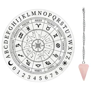 1Pc Cone/Spike/Pendulum Natural Rose Quartz Stone Pendants, 1Pc 304 Stainless Steel Cable Chain Necklaces, 1Pc PVC Custom Pendulum Board, Dowsing Divination Board, Constellation Pattern, 3pcs/set