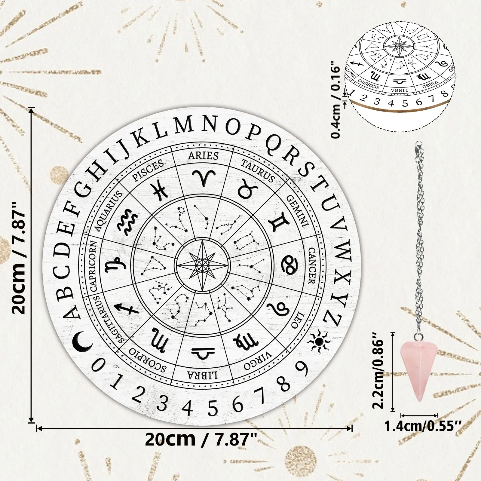 1Pc Cone/Spike/Pendulum Natural Rose Quartz Stone Pendants, 1Pc 304 Stainless Steel Cable Chain Necklaces, 1Pc PVC Custom Pendulum Board, Dowsing Divination Board, Constellation Pattern, 3pcs/set