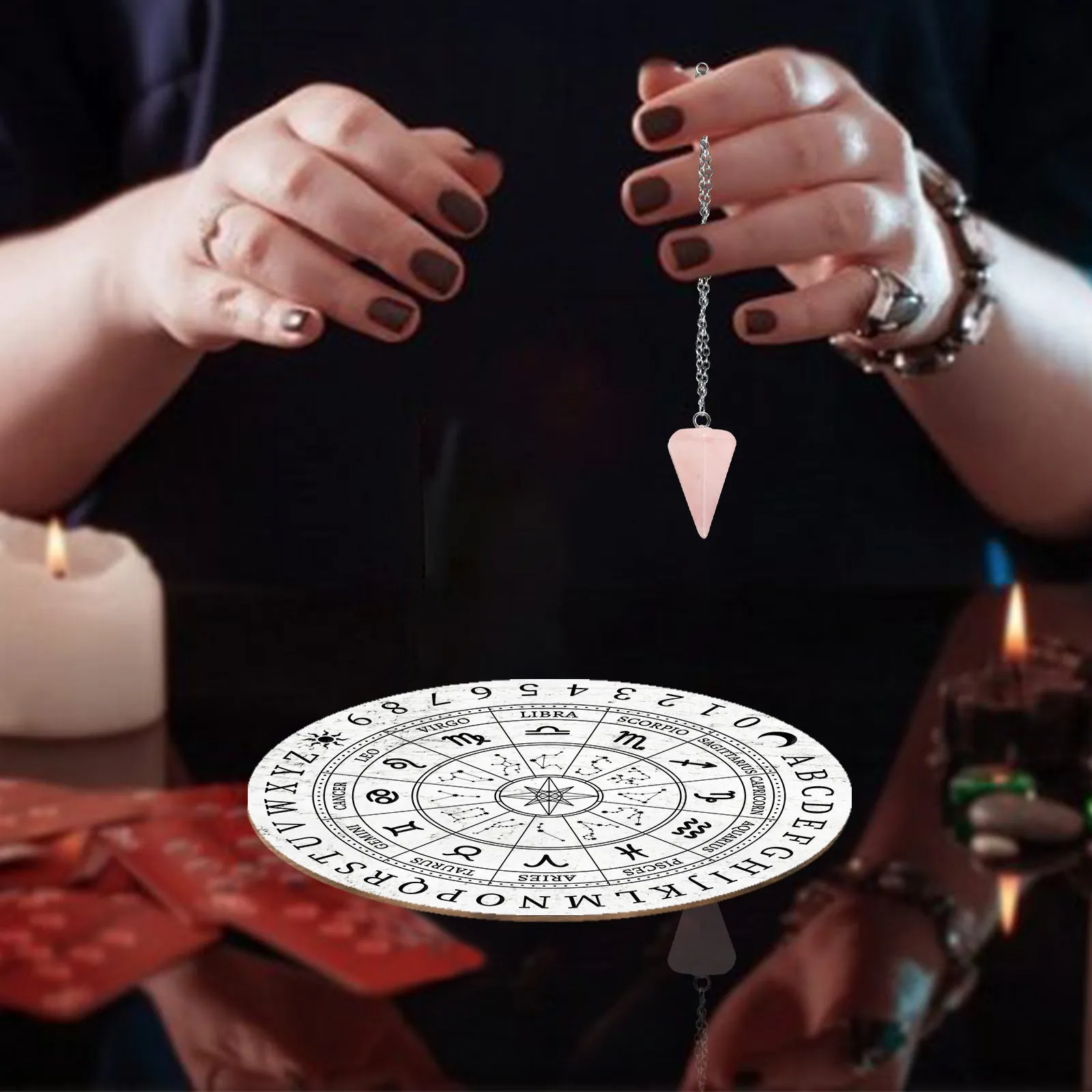 1Pc Cone/Spike/Pendulum Natural Rose Quartz Stone Pendants, 1Pc 304 Stainless Steel Cable Chain Necklaces, 1Pc PVC Custom Pendulum Board, Dowsing Divination Board, Constellation Pattern, 3pcs/set