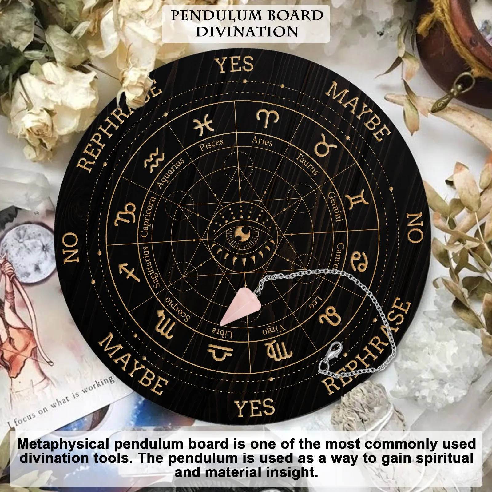 1Pc Cone/Spike/Pendulum Natural Rose Quartz Stone Pendants, 1Pc 304 Stainless Steel Cable Chain Necklaces, 1Pc PVC Custom Pendulum Board, Dowsing Divination Board, Constellation Pattern, Board: 200x4mm
