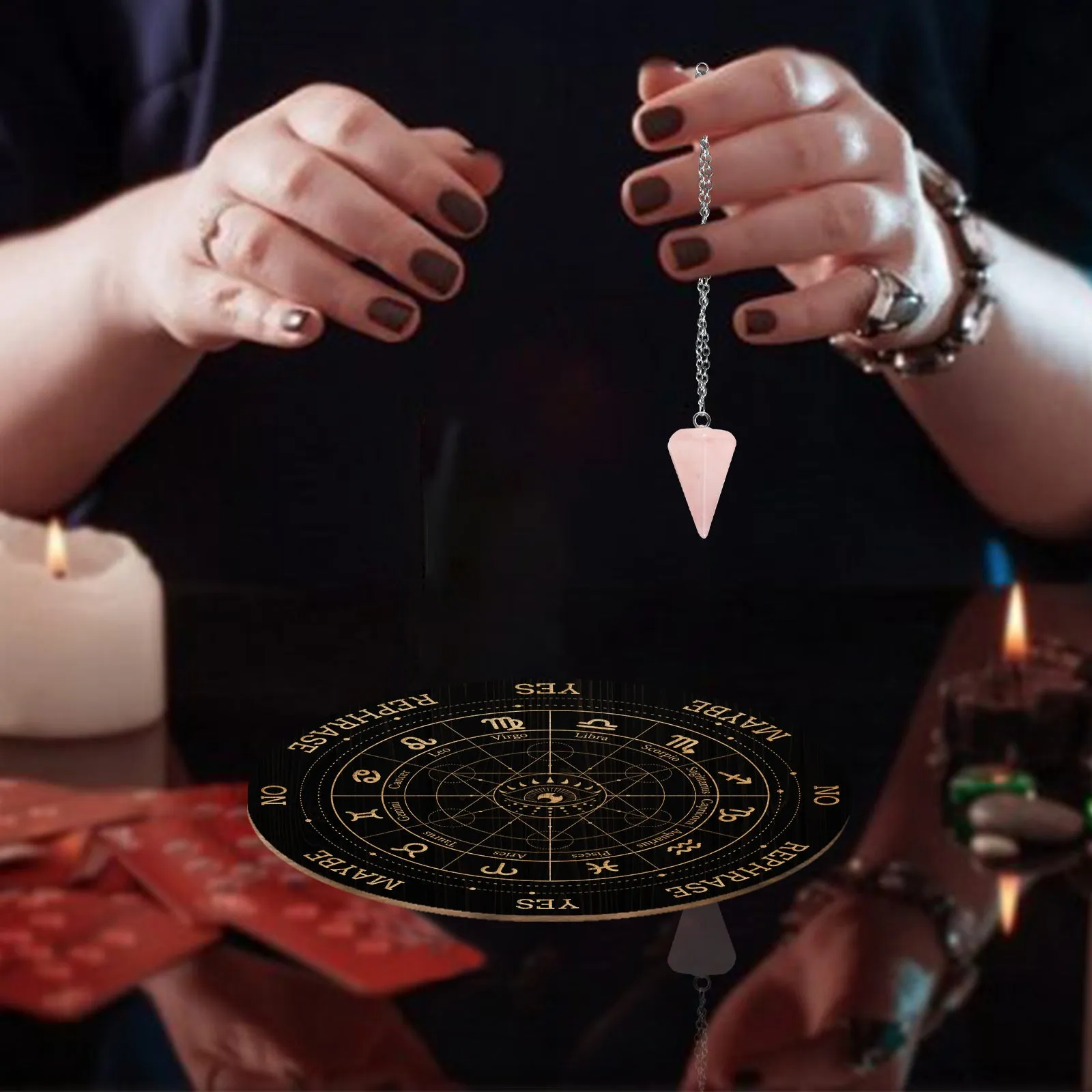 1Pc Cone/Spike/Pendulum Natural Rose Quartz Stone Pendants, 1Pc 304 Stainless Steel Cable Chain Necklaces, 1Pc PVC Custom Pendulum Board, Dowsing Divination Board, Constellation Pattern, Board: 200x4mm