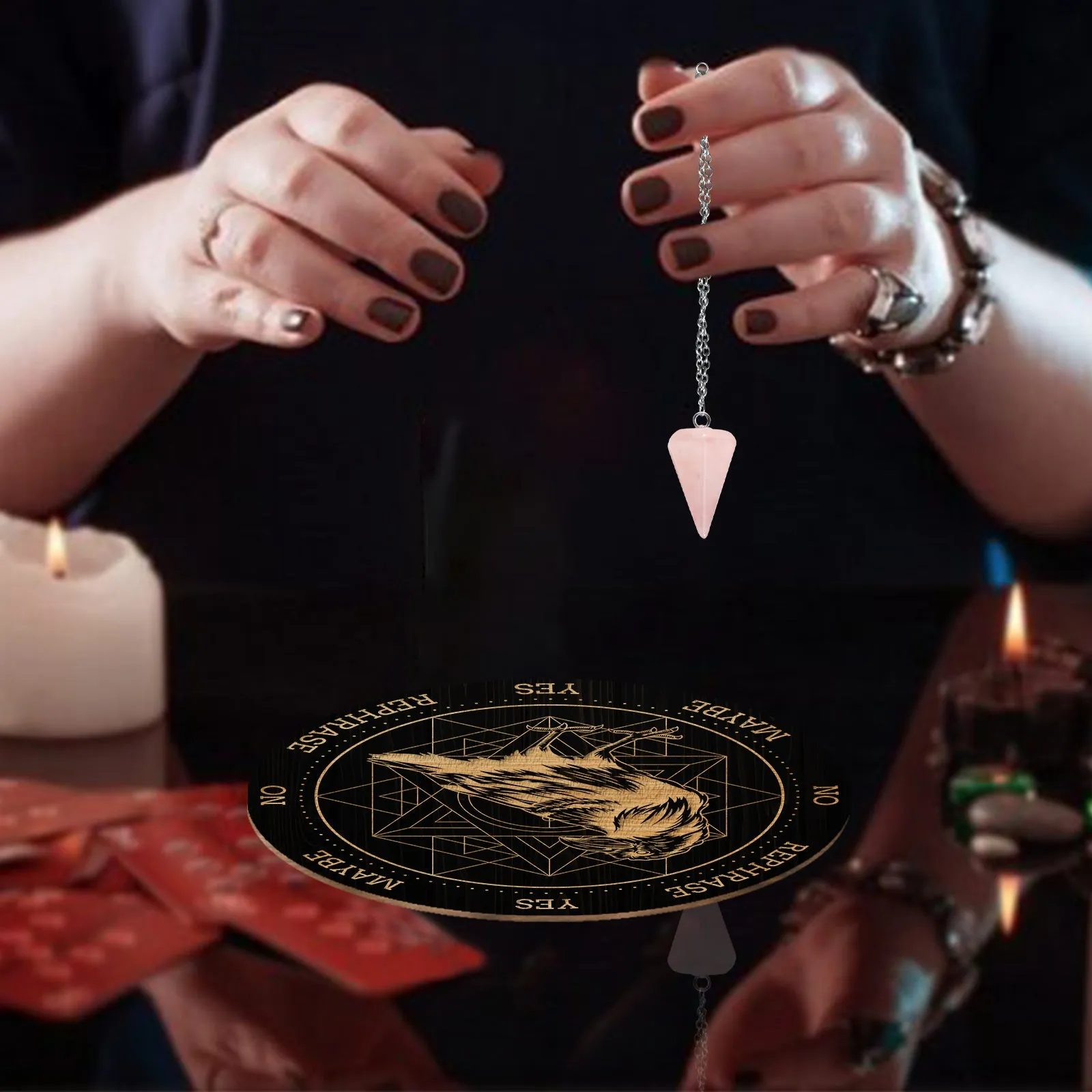1Pc Cone/Spike/Pendulum Natural Rose Quartz Stone Pendants, 1Pc 304 Stainless Steel Cable Chain Necklaces, 1Pc PVC Custom Pendulum Board, Dowsing Divination Board, Raven Pattern, Board: 200x4mm