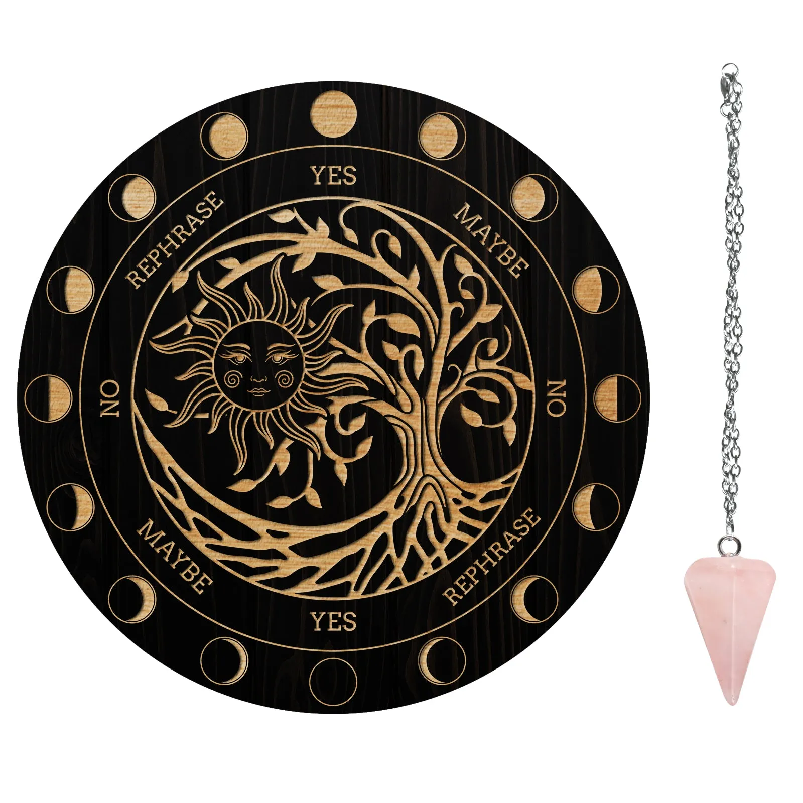 1Pc Cone/Spike/Pendulum Natural Rose Quartz Stone Pendants, 1Pc 304 Stainless Steel Cable Chain Necklaces, 1Pc PVC Custom Pendulum Board, Dowsing Divination Board, Tree Pattern, 3pcs/set