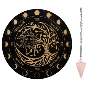 1Pc Cone/Spike/Pendulum Natural Rose Quartz Stone Pendants, 1Pc 304 Stainless Steel Cable Chain Necklaces, 1Pc PVC Custom Pendulum Board, Dowsing Divination Board, Tree Pattern, 3pcs/set