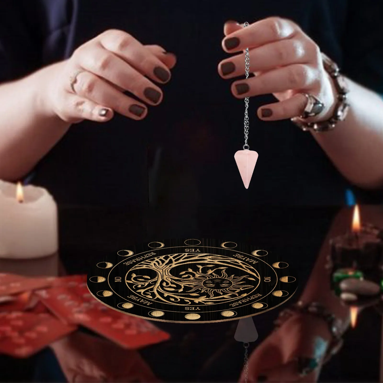 1Pc Cone/Spike/Pendulum Natural Rose Quartz Stone Pendants, 1Pc 304 Stainless Steel Cable Chain Necklaces, 1Pc PVC Custom Pendulum Board, Dowsing Divination Board, Tree Pattern, 3pcs/set