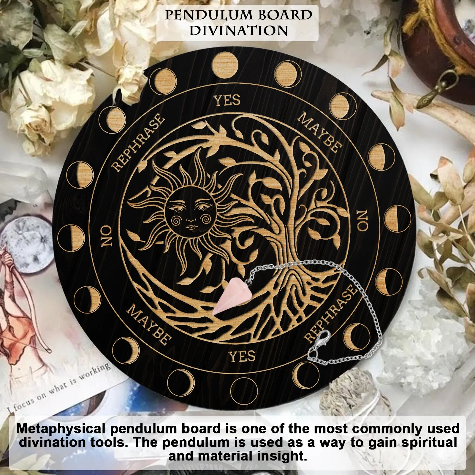 1Pc Cone/Spike/Pendulum Natural Rose Quartz Stone Pendants, 1Pc 304 Stainless Steel Cable Chain Necklaces, 1Pc PVC Custom Pendulum Board, Dowsing Divination Board, Tree Pattern, 3pcs/set