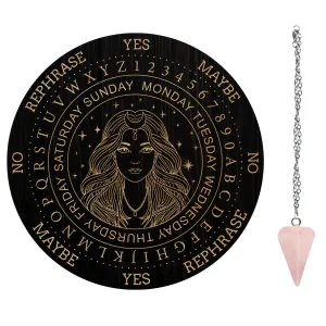 1Pc Cone/Spike/Pendulum Natural Rose Quartz Stone Pendants, 1Pc 304 Stainless Steel Cable Chain Necklaces, 1Pc PVC Custom Pendulum Board, Dowsing Divination Board, Women Pattern, Board: 200x4mm