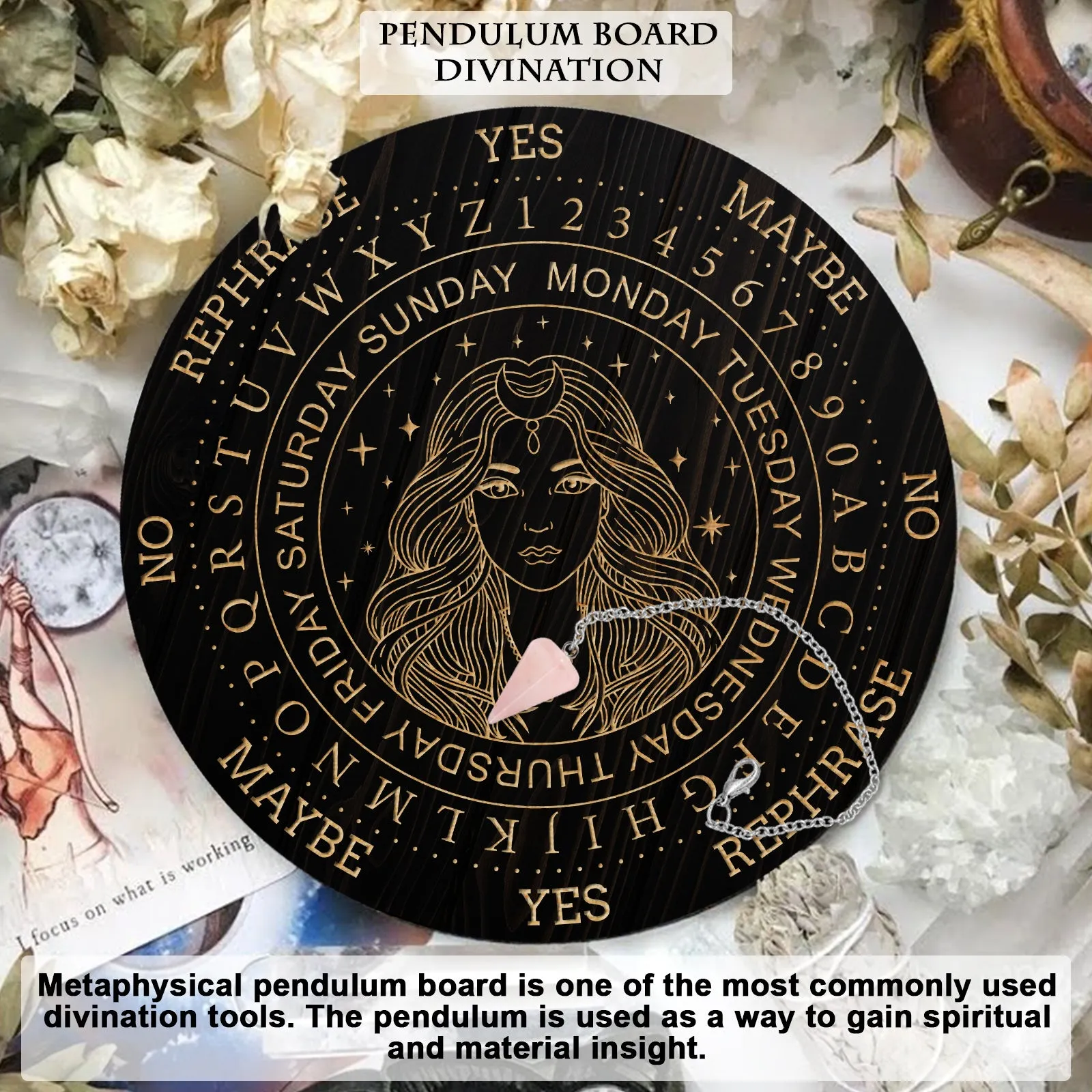 1Pc Cone/Spike/Pendulum Natural Rose Quartz Stone Pendants, 1Pc 304 Stainless Steel Cable Chain Necklaces, 1Pc PVC Custom Pendulum Board, Dowsing Divination Board, Women Pattern, Board: 200x4mm