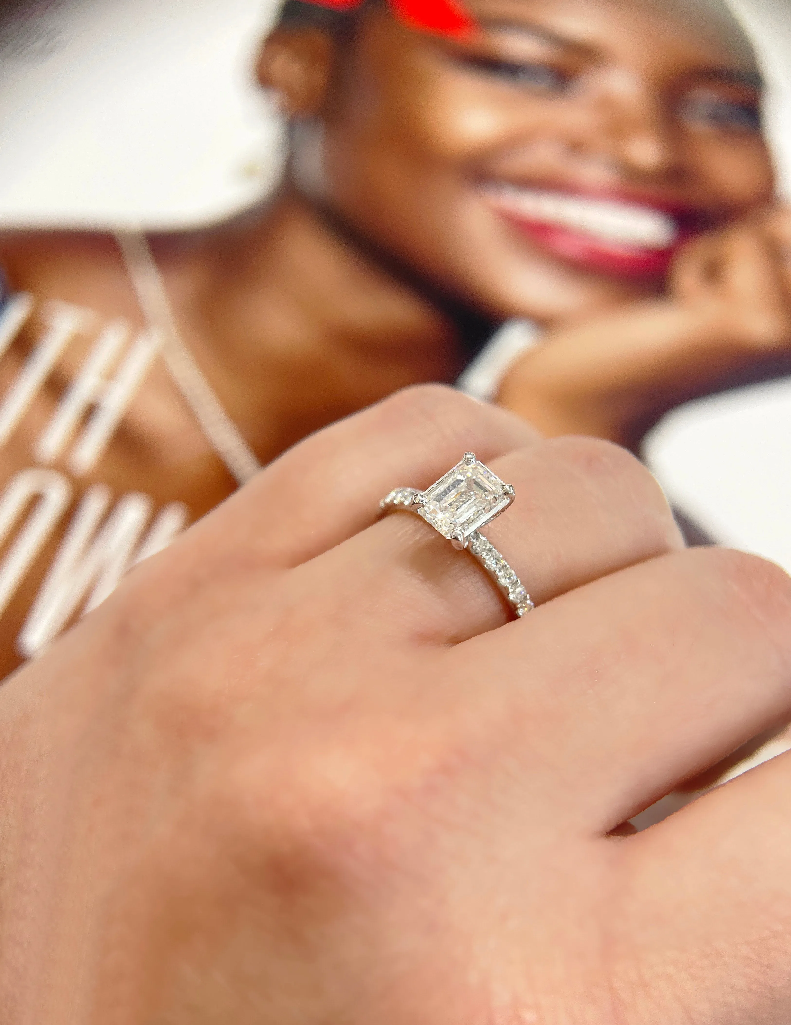 2 ct Certified Emerald Cut Lab-Diamond 18K white Gold Side-Diamond Engagement Ring