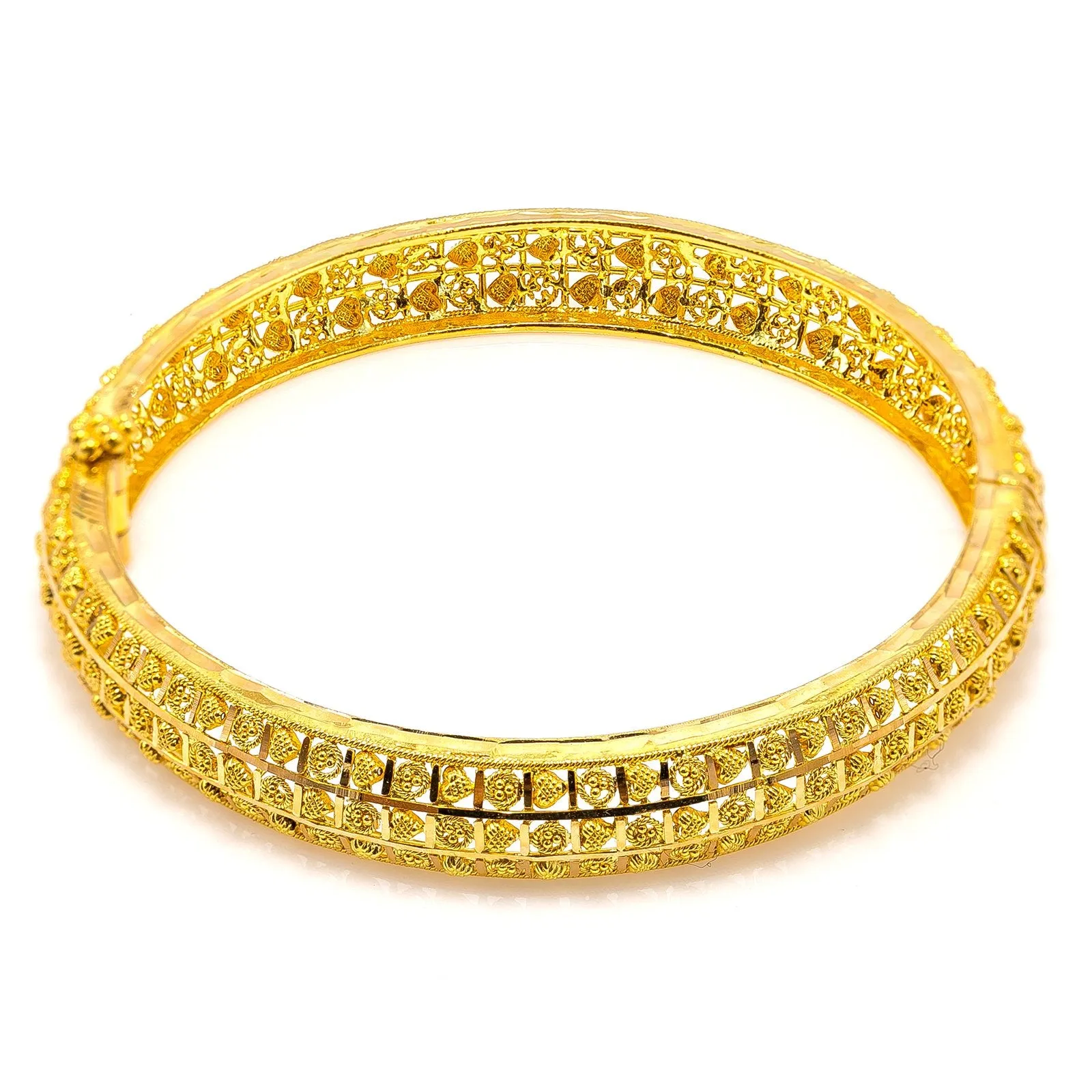 22K Yellow Gold Bangle W/ Patterned Heart & Circle Accents
