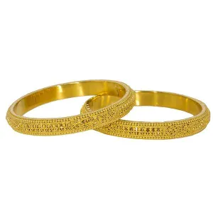 22K Yellow Gold Bangles Set of 2 W/ Thick Band & Beaded Filigree, 45.1 gm