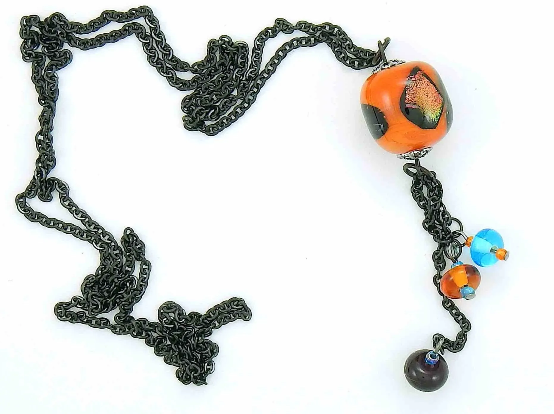 27-inch necklace with elongated glass ball and matching pendants in bright orange-black-blue (Murano-style glass handmade in Montreal), black stainless steel chain