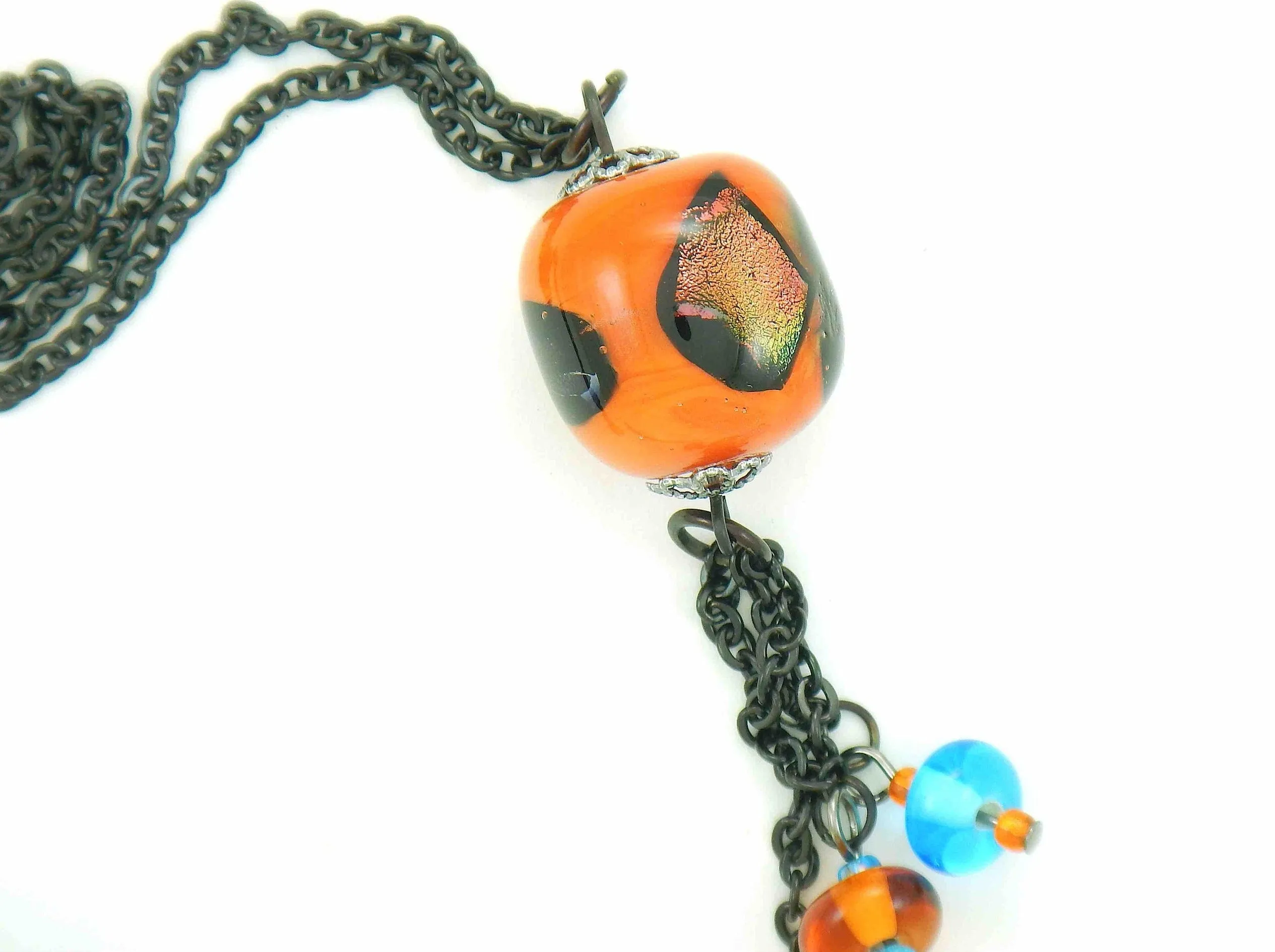 27-inch necklace with elongated glass ball and matching pendants in bright orange-black-blue (Murano-style glass handmade in Montreal), black stainless steel chain