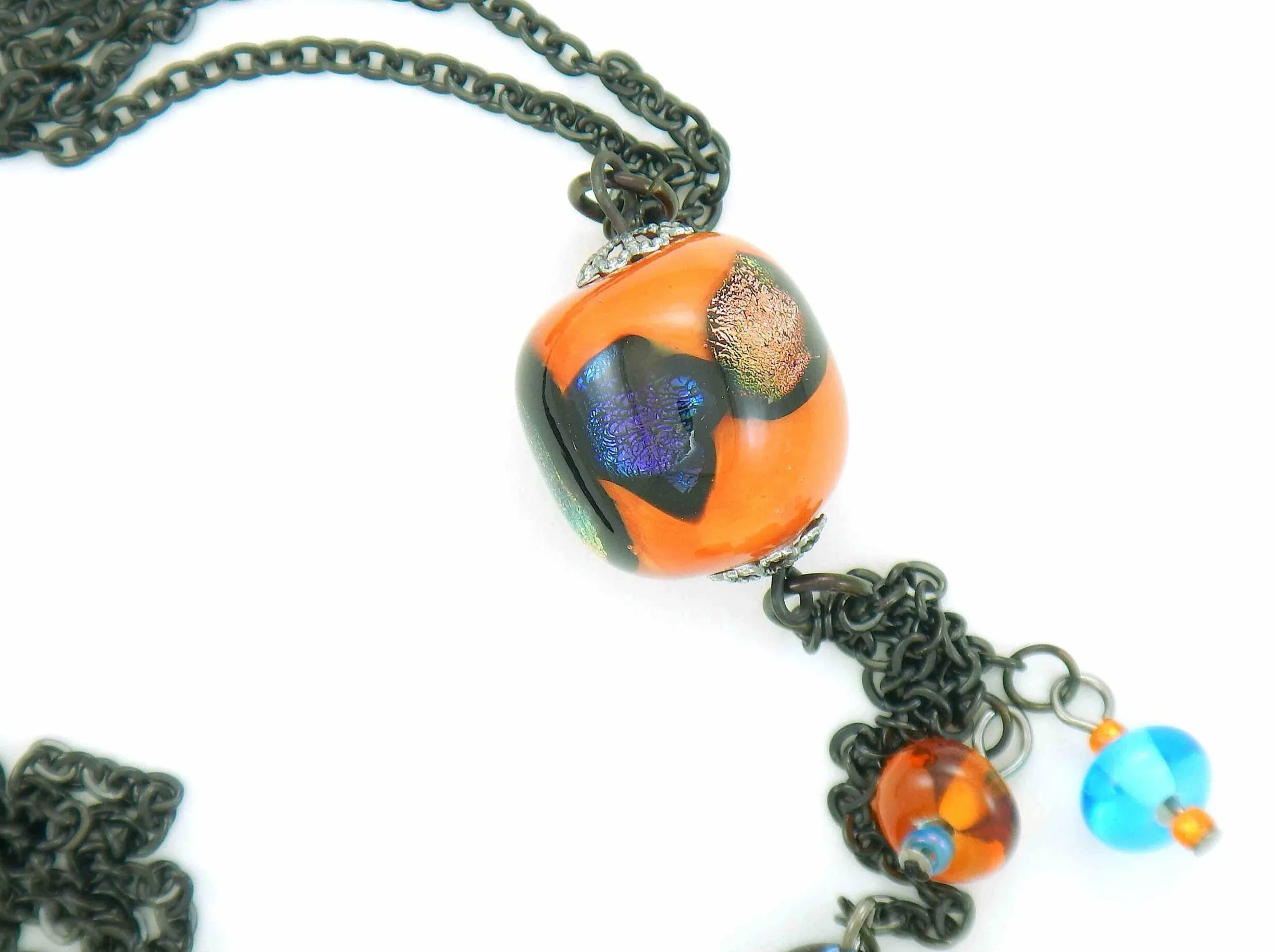 27-inch necklace with elongated glass ball and matching pendants in bright orange-black-blue (Murano-style glass handmade in Montreal), black stainless steel chain