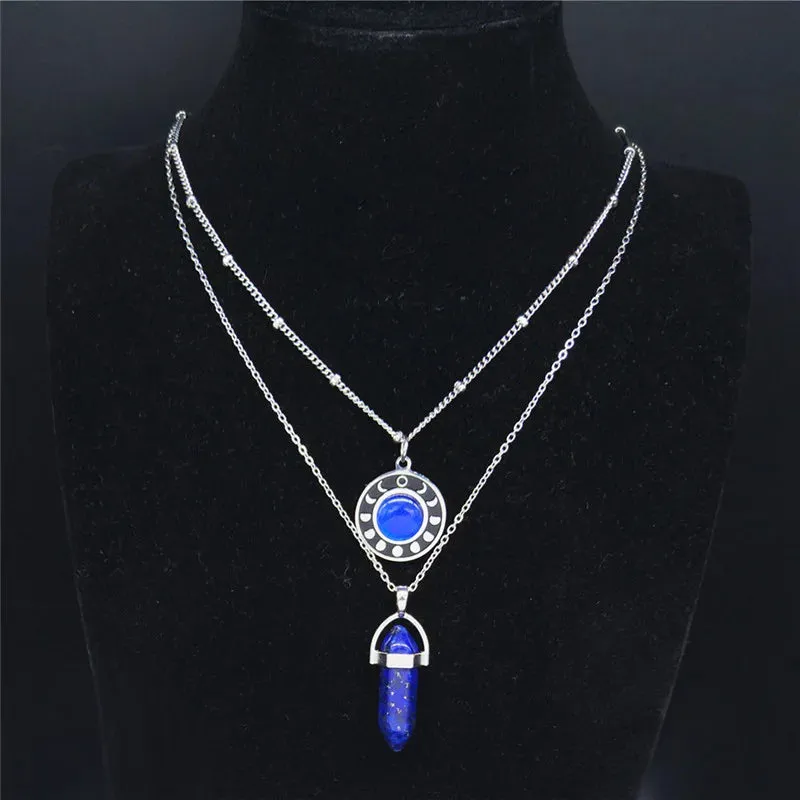 2pcs Moon Hexagonal Bullet Reiki Point Chakra Natural Stone Necklace for Women