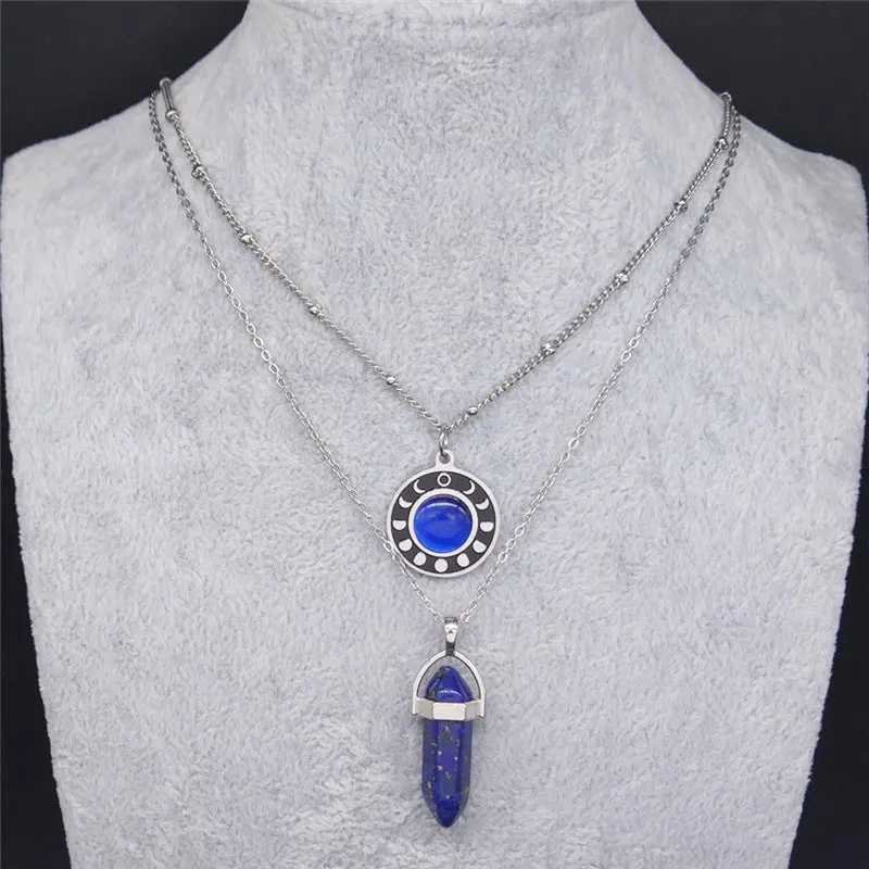 2pcs Moon Hexagonal Bullet Reiki Point Chakra Natural Stone Necklace for Women