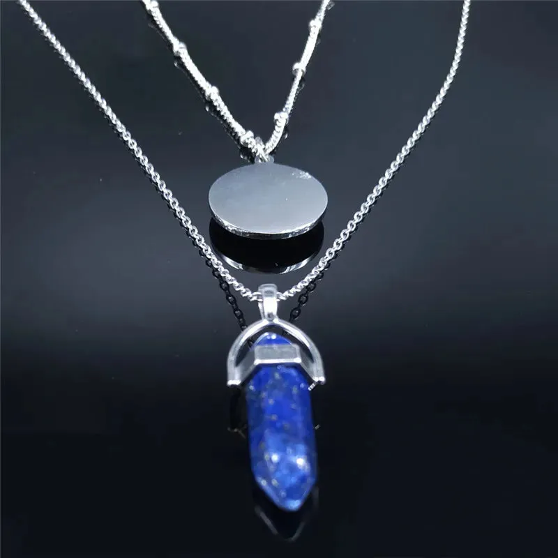 2pcs Moon Hexagonal Bullet Reiki Point Chakra Natural Stone Necklace for Women