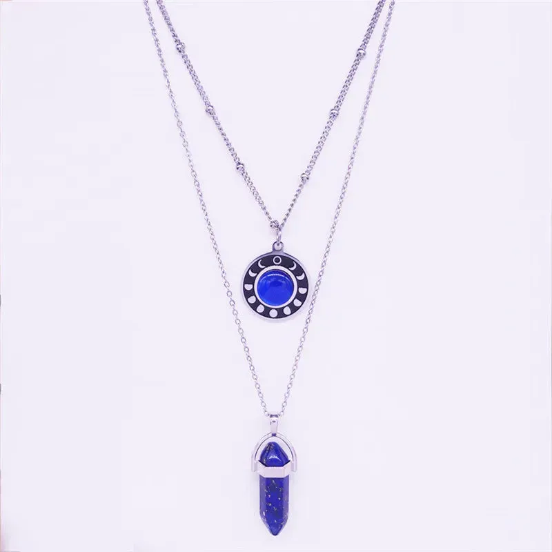 2pcs Moon Hexagonal Bullet Reiki Point Chakra Natural Stone Necklace for Women
