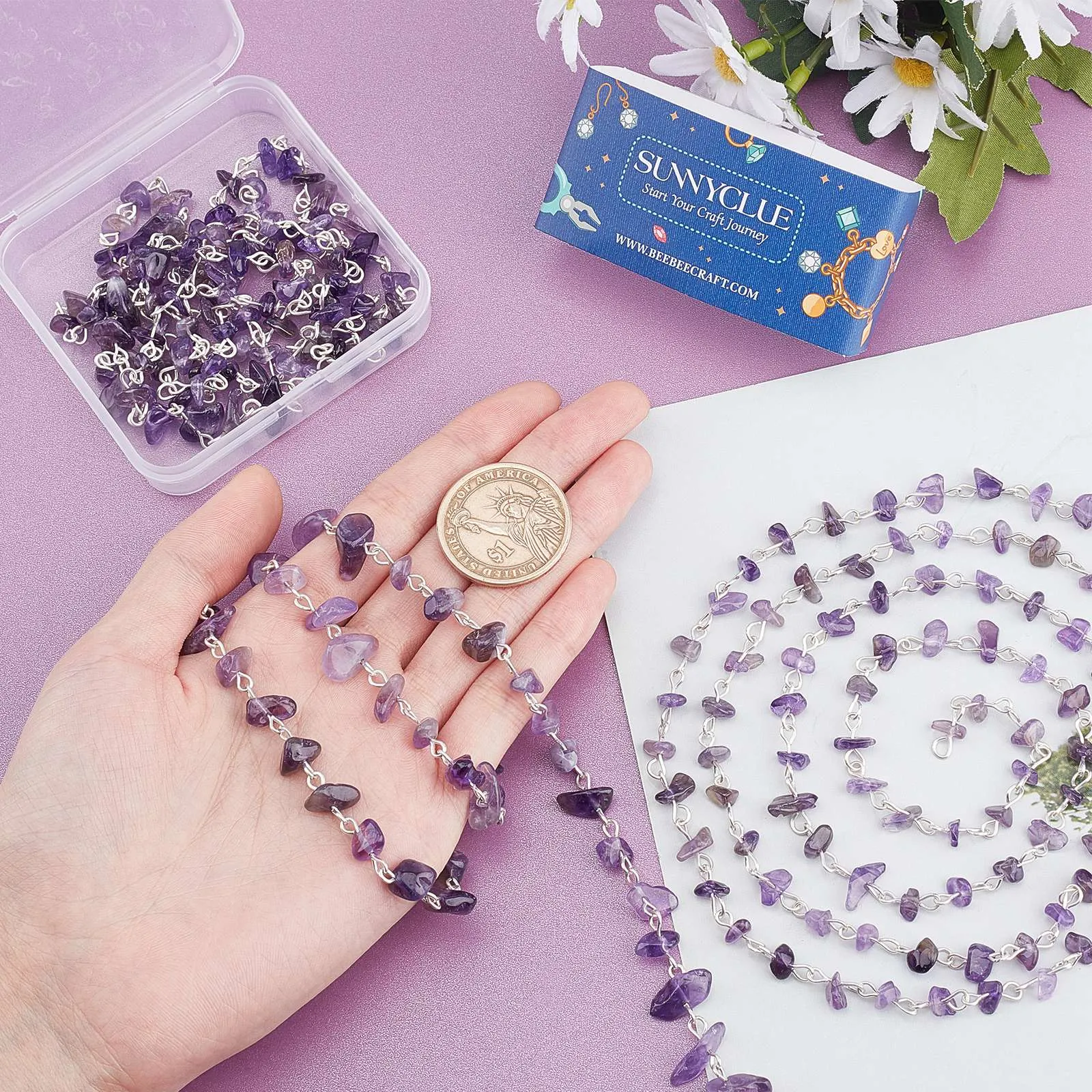 3 Strands Handmade Natural Amethyst Chips Beads Chains for Necklaces Bracelets Making, with Silver Color Plated Iron Eye Pin, Unwelded, 100cm