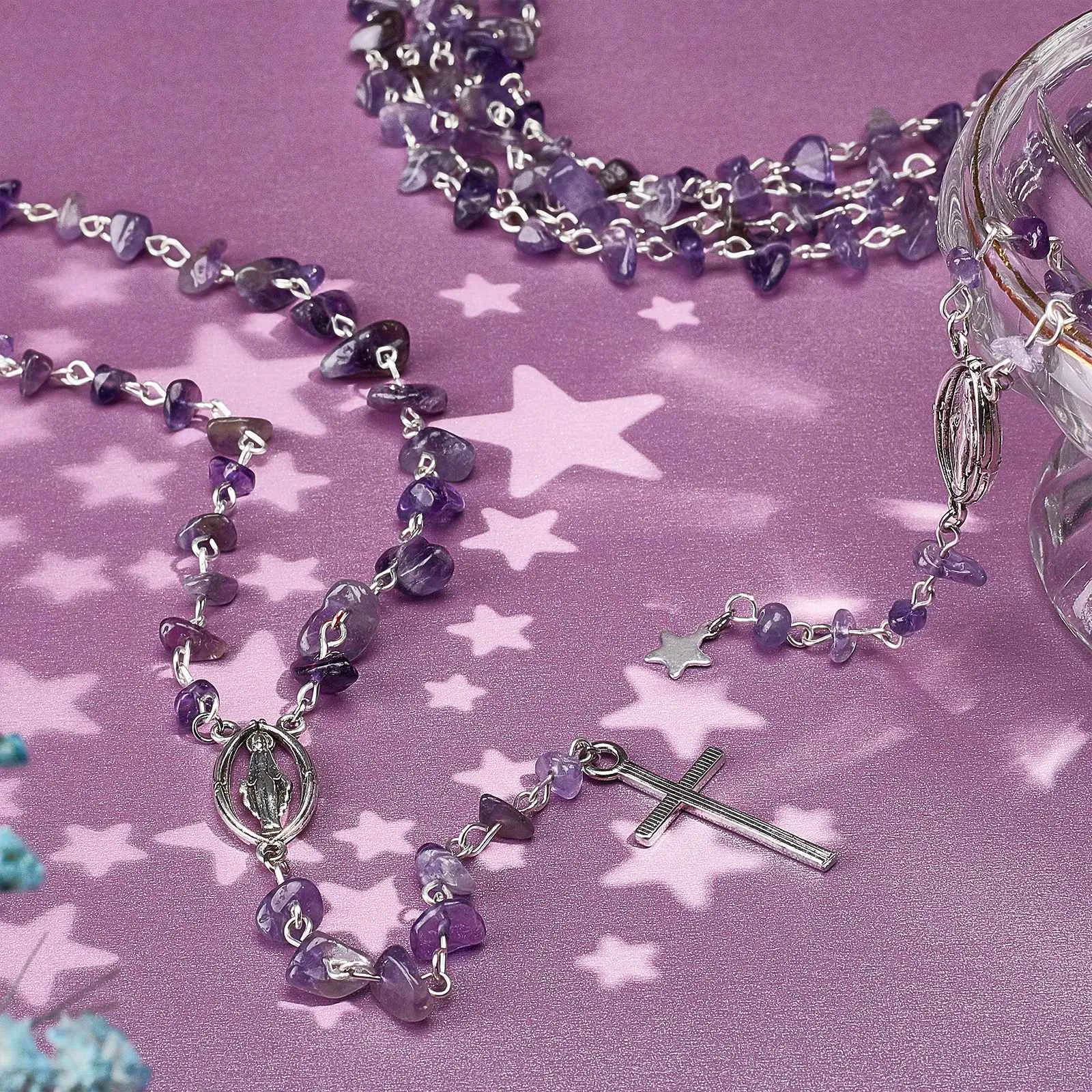 3 Strands Handmade Natural Amethyst Chips Beads Chains for Necklaces Bracelets Making, with Silver Color Plated Iron Eye Pin, Unwelded, 100cm