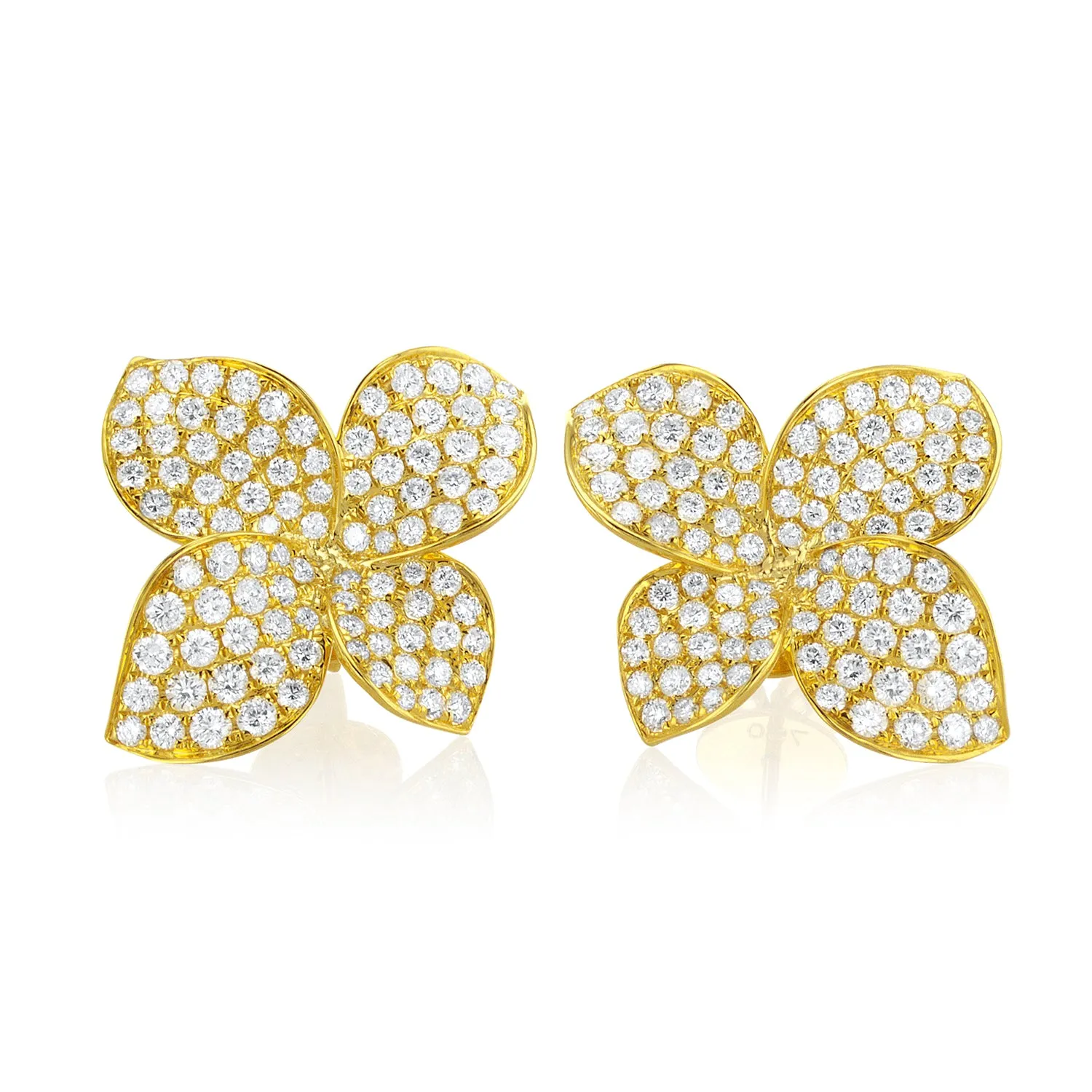 3.60 Carat Natural Diamond Pave Flower Earrings in 18K Yellow Gold