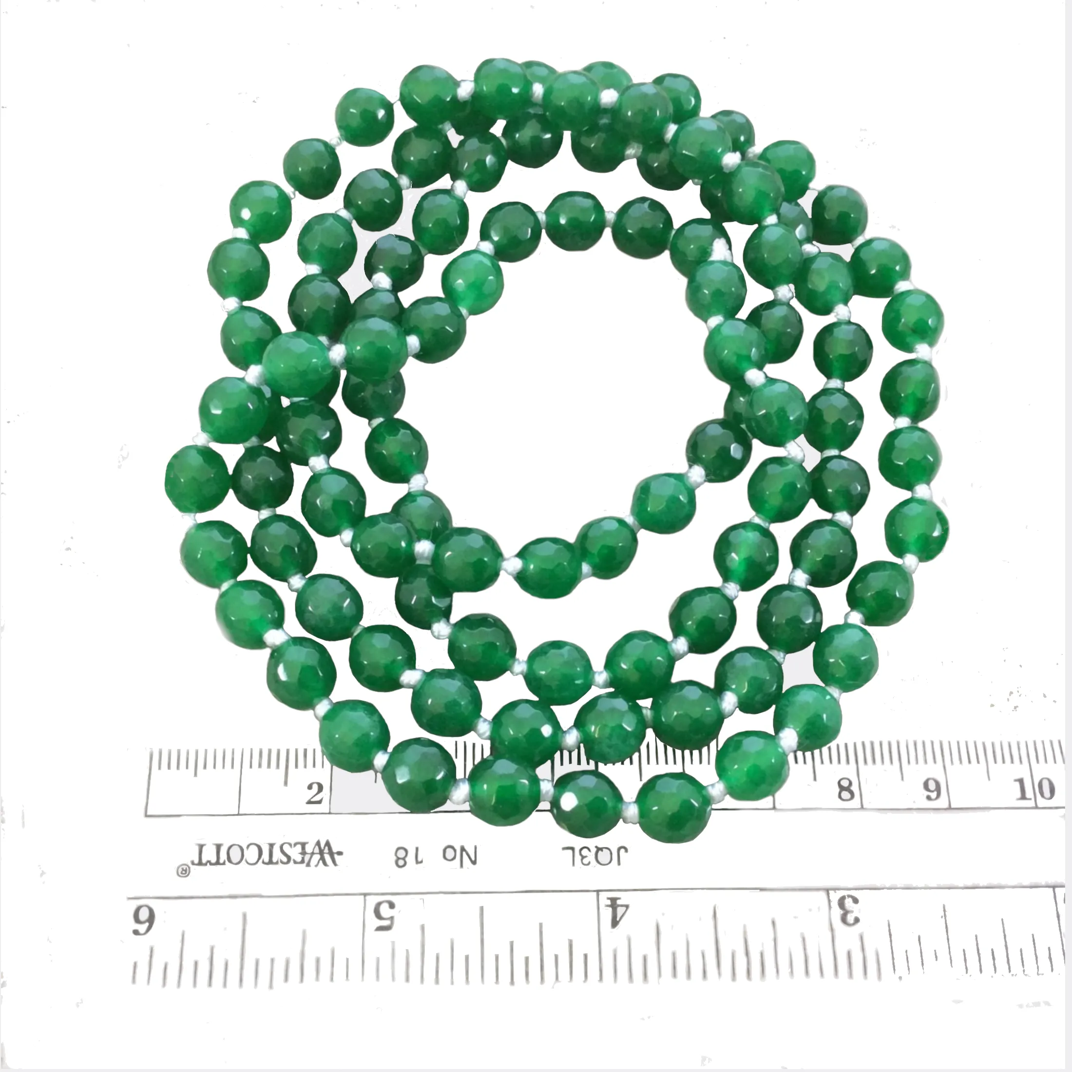 36" Hand-Knotted White Thread Necklace Featuring 8mm Faceted Polished Finish Round/Ball Shape Dyed Emerald Green Agate Beads - LIMITED STOCK