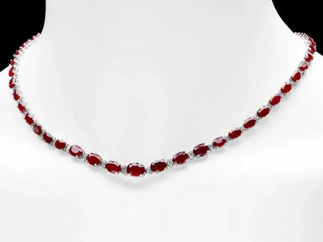 38.30Ct Natural Ruby and Diamond 14K Solid White Gold Necklace