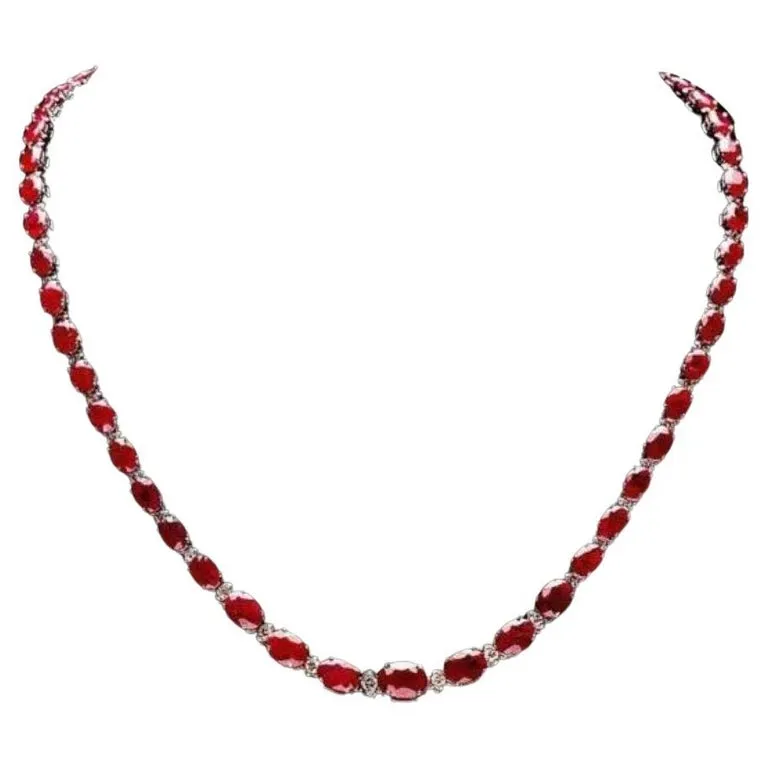 38.30Ct Natural Ruby and Diamond 14K Solid White Gold Necklace