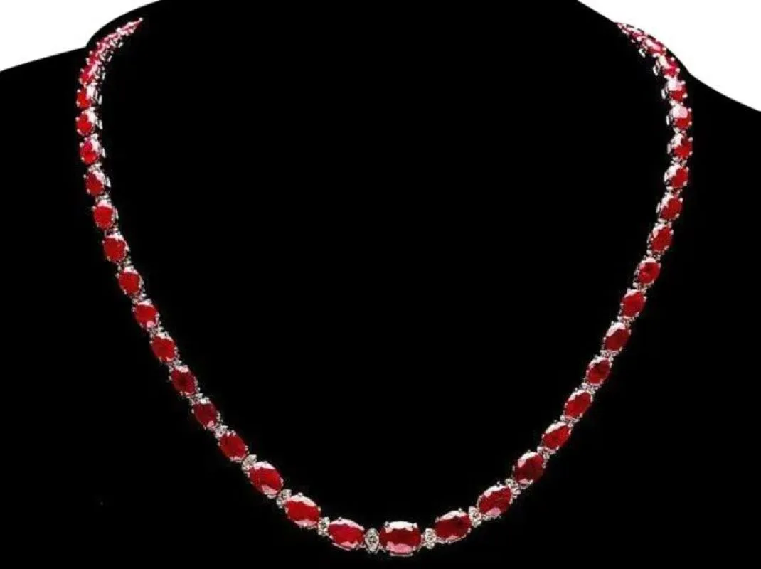 38.30Ct Natural Ruby and Diamond 14K Solid White Gold Necklace