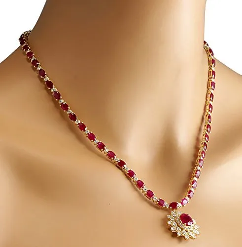 40.45 Carat Natural Red Ruby and Diamond (F-G Color, VS1-VS2 Clarity) 18K Yellow Gold Luxury Necklace for Women Exclusively Handcrafted in USA