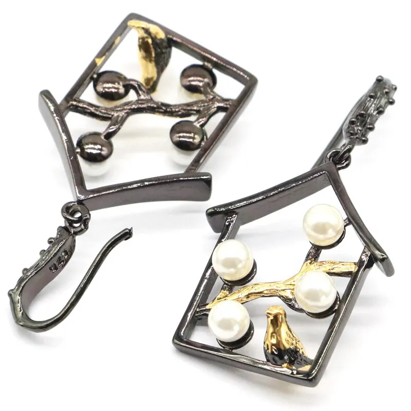 47x25mm Unique HipHop Gothic Jewelry Songbird White Pearl Cool Black