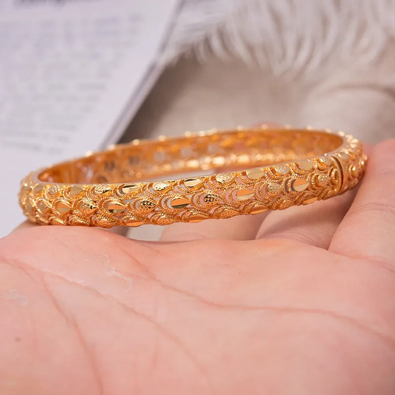 4Pcs Dubai Bangles JPhoenix Flower Bracelet Copper Gold Color Bride Wedding Bracelets